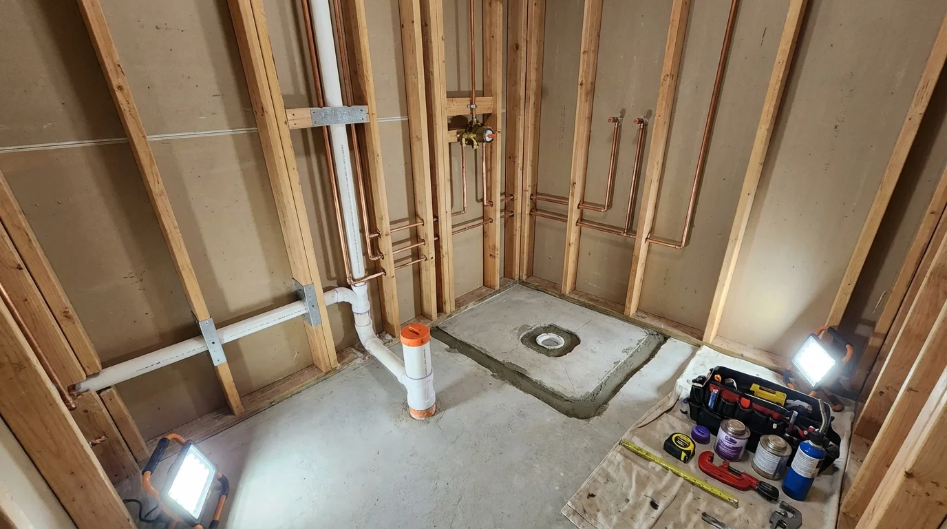 Bathroom rough-in plumbing during remodel by Johns Plumbing LLC in Anaconda