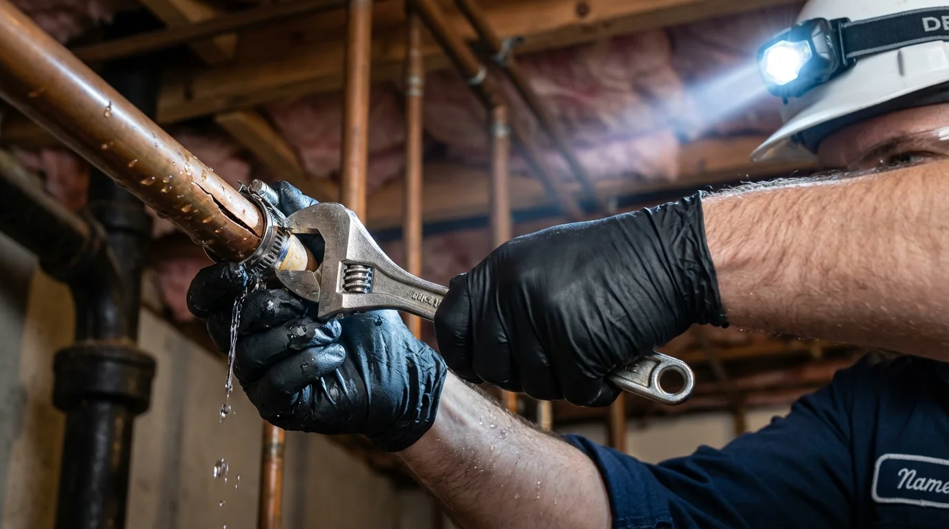 Emergency pipe clamp repair being performed by a Johns Plumbing LLC plumber in Anaconda