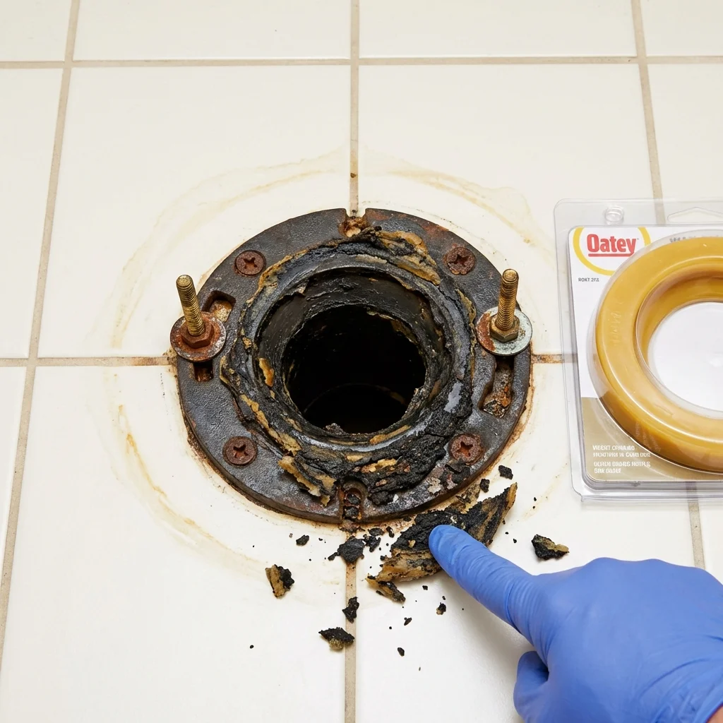 Failed wax ring showing water seepage at the base of a toilet in a Anaconda, MT home
