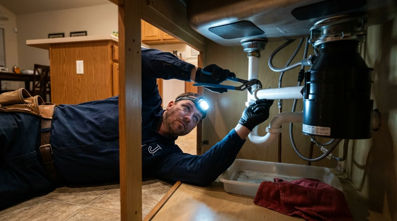 P-trap and supply line connections under a kitchen sink showing a common leak point in Anaconda, MT